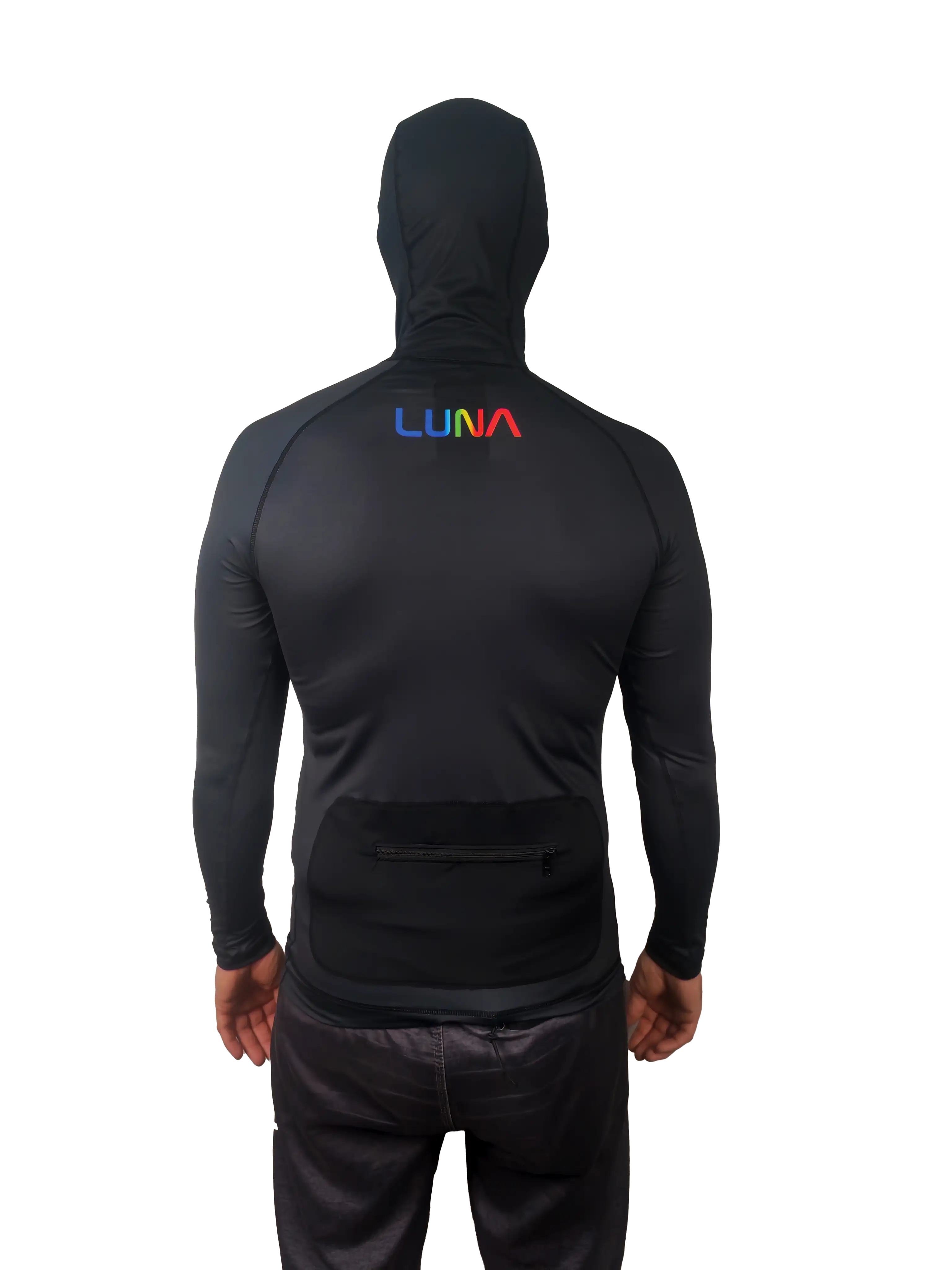 A man shown from the back wearing a black hooded rash vest with a small multicolour 'LUNA' logo centred on the upper back. The background is solid black.