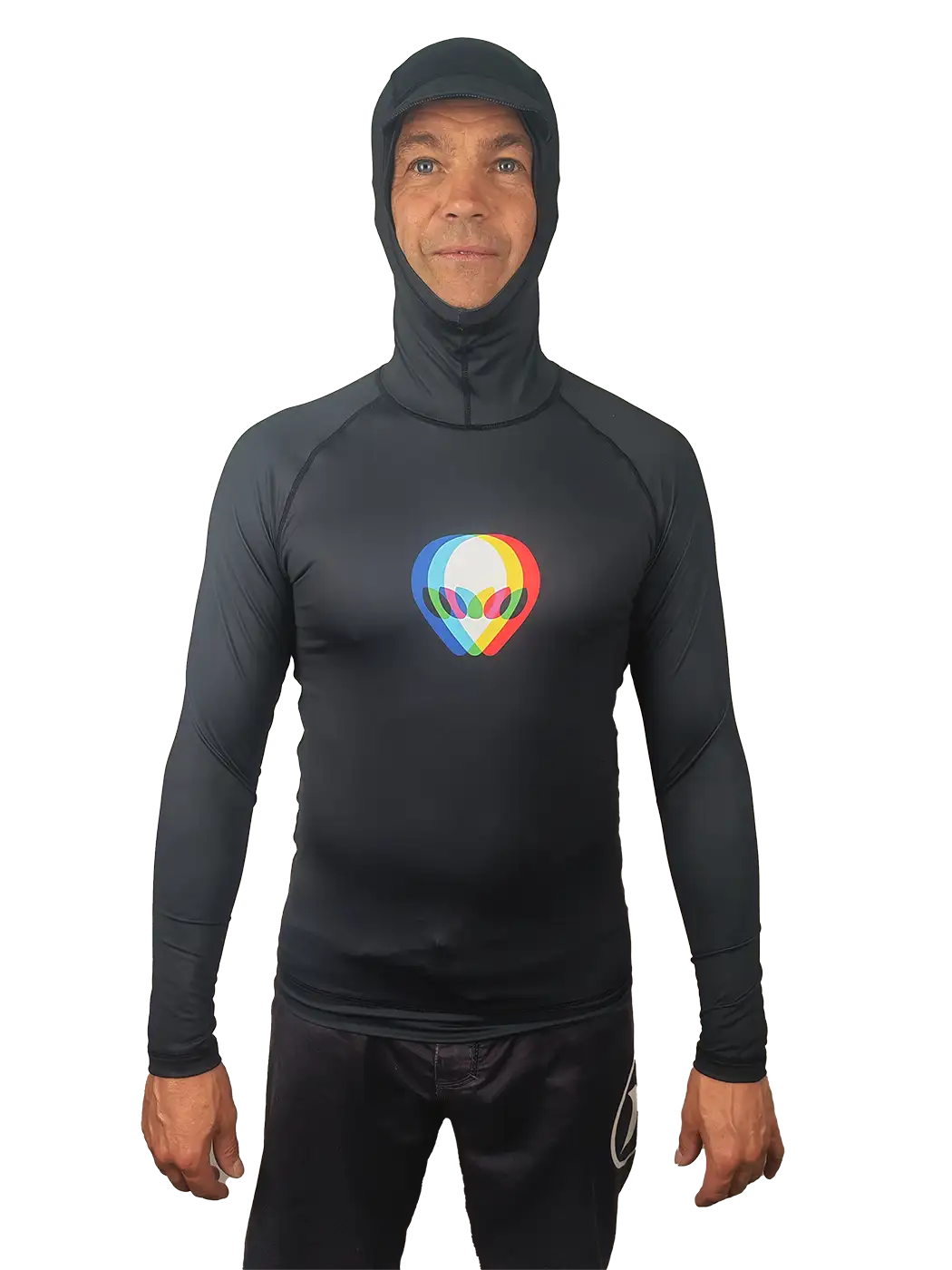 A man wearing a black hooded long-sleeve rash guard or swim shirt with a colourful 3d effect alien graphic logo on the chest, shown against a plain white background.