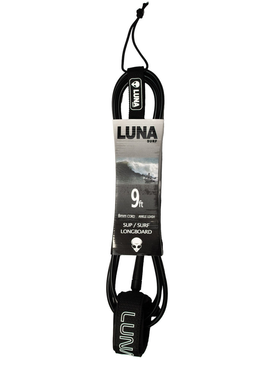 Black 9ft surf leash with 8mm cord. Lite weight, comfy slim cuff. Super strong velcro.
