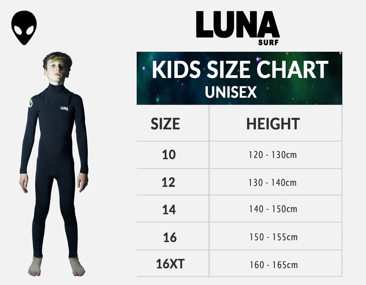 size chart for kids wetsuits surf luna