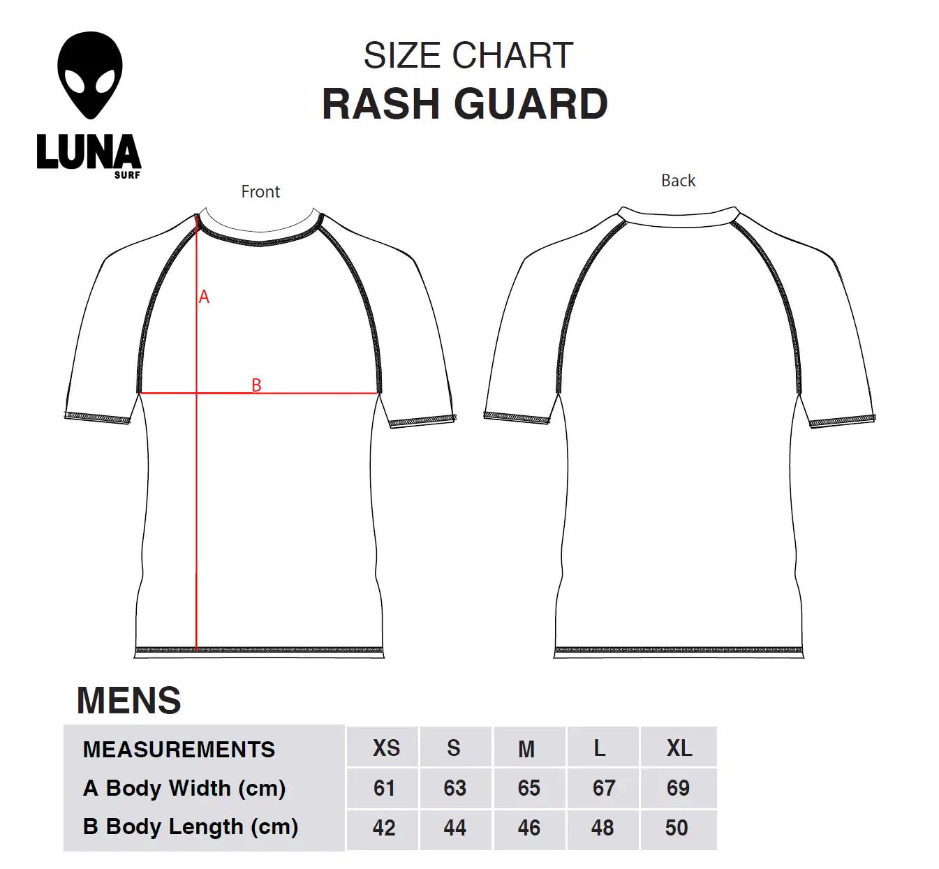 Size chart for a LUNA brand rash vest  guard showing front and back measurements with red dimension lines labeled A and B, plus a size table from XS to XL with body width and body length measurements.