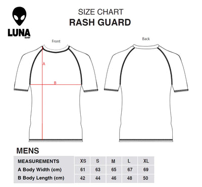 Size chart for a LUNA brand rash vest  guard showing front and back measurements with red dimension lines labeled A and B, plus a size table from XS to XL with body width and body length measurements.