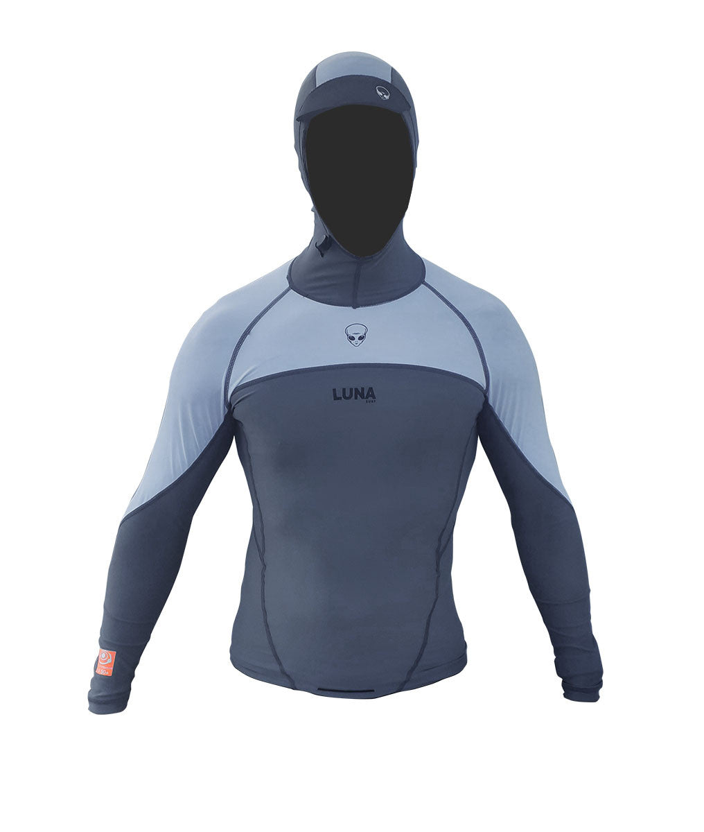 Hooded rash vest for surf Indonesia.