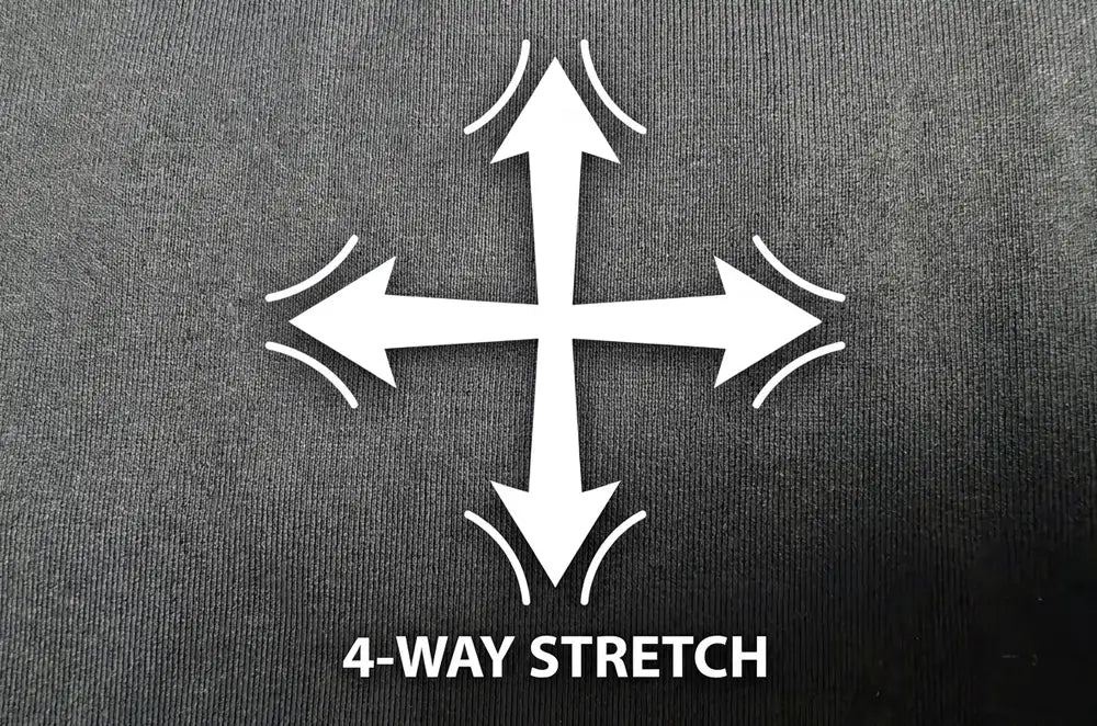 A close-up of a dark gray textured fabric with a white graphic showing a four-way stretch symbol and the text '4-WAY STRETCH' at the bottom.