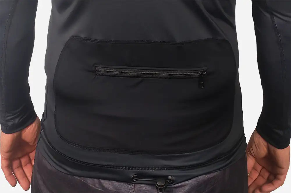 Close up of the large horizontal zip back pouch on the Lunasurf hooded rash vest