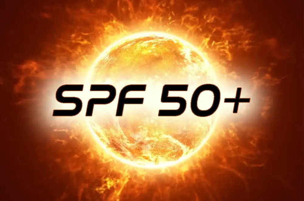 A glowing orange and yellow sun-like emblem with the text 'SPF 50+' in large black letters across the center, set against a fiery red-orange background.