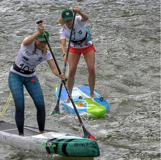 Verity Thomas  & Robin Allix  racing in the @bilbaoworldsupchallenge using Lunasurf SUP quick release waist belts with 10ft coiled Luna leash.